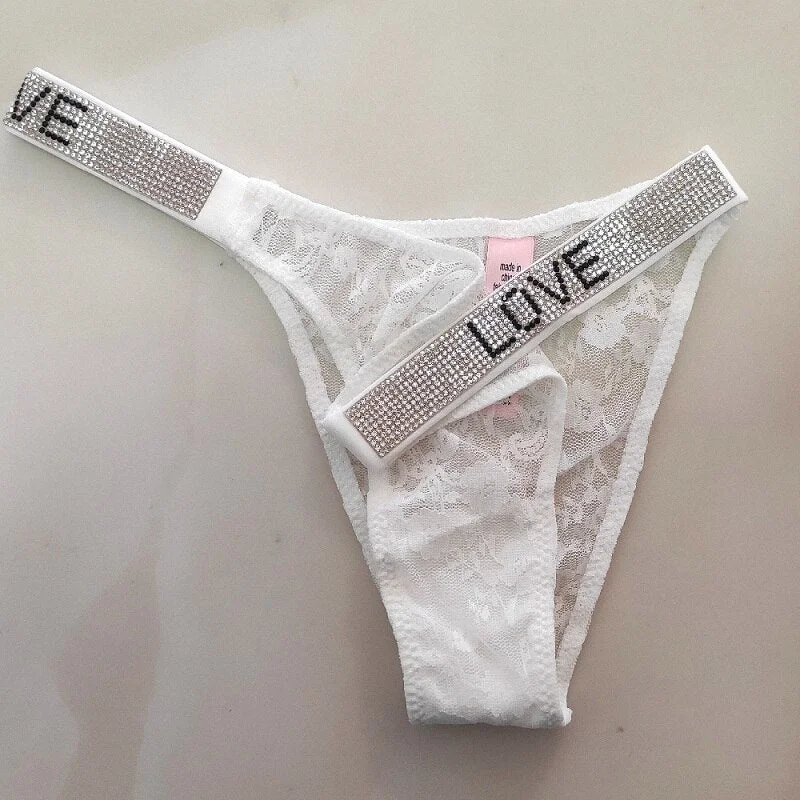 LOVE Thong Women Panties Sexy G-string Crystal Waistband Underwear Female Underpants Floral Lace Briefs Panties Lingerie Pantys