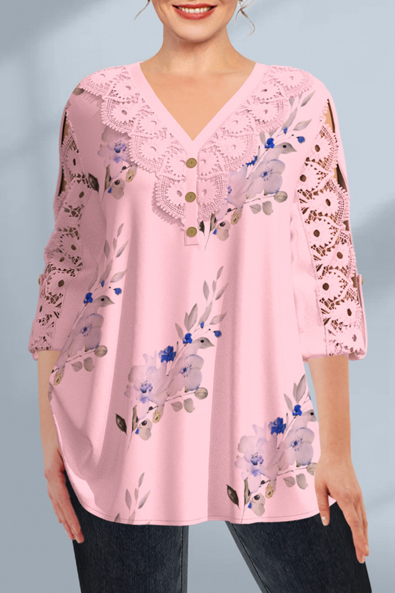 Flycurvy Plus Size Dressy Lace Patchwork V Neck Floral Print Blouse (US shipping only) 2024 - Flycurvy 