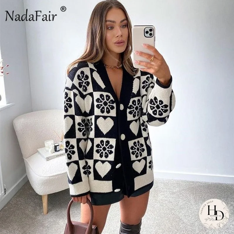 Christmas Gift Nadafair Winter ZA Cardigan Women Pattern Print Button Up Autumn Long Sleeve Oversize Knitted Cardigans Sweater Plus Size