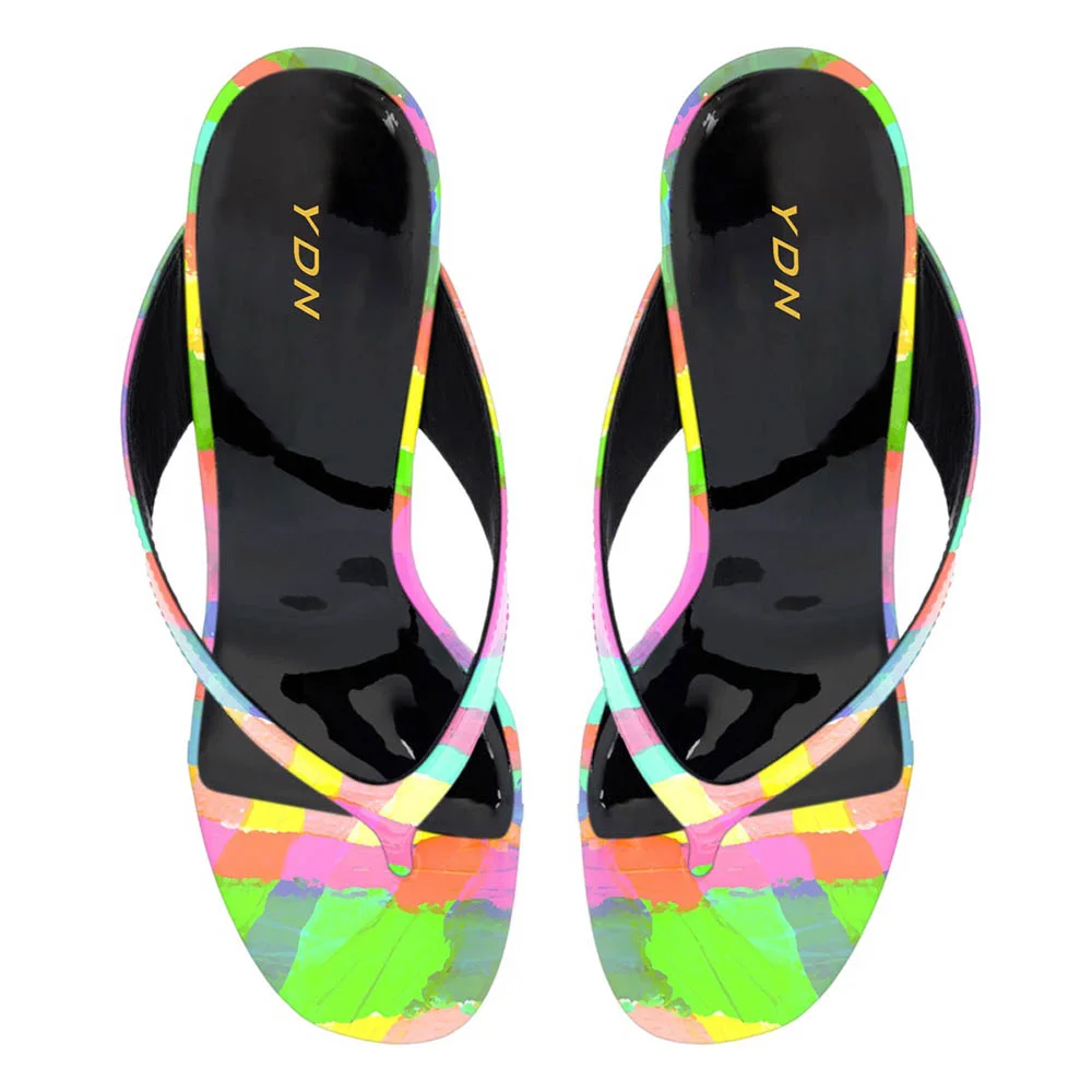 Rainbow Patent Leather Open Round Toe Flip Flop Wedge Sandals
