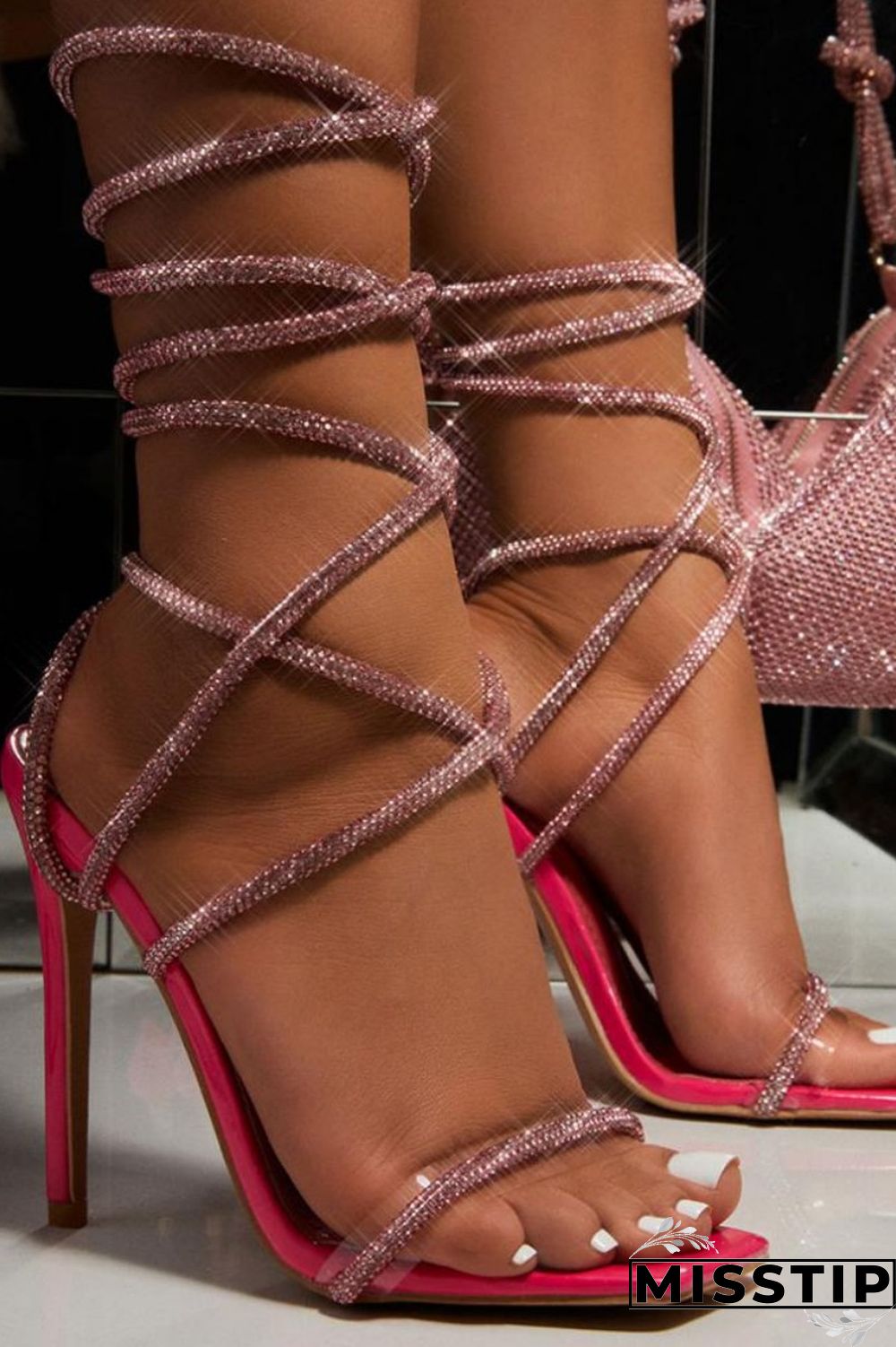 Gold Casual Patchwork Frenulum Rhinestone Square Out Door Shoes  (Heel Height 4.53in)