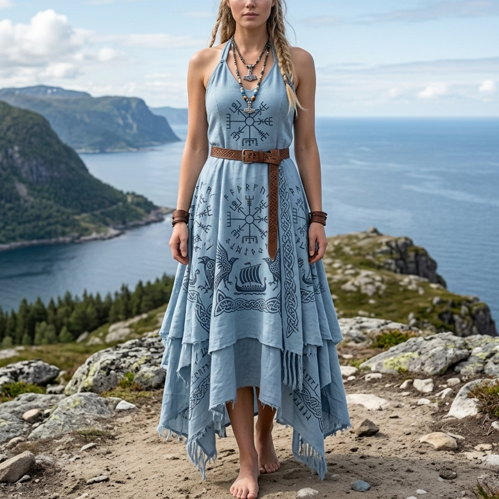 Cotton Linen Viking-Inspired Boho Maxi Dress with Nordic Symbols and Fringed Hem