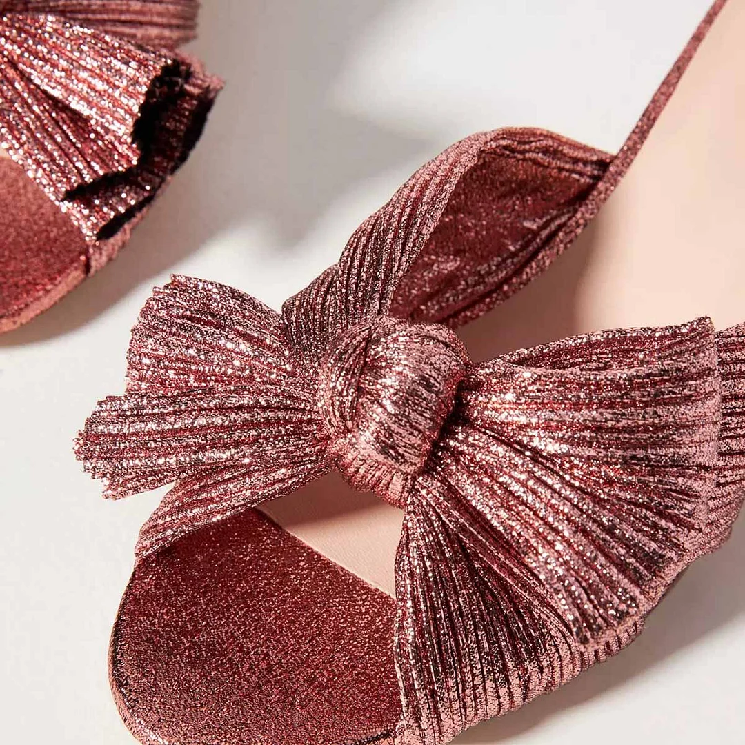 Wrinkled Slip On Mid Block Heel Pink Glitter Women Sandals with Bow