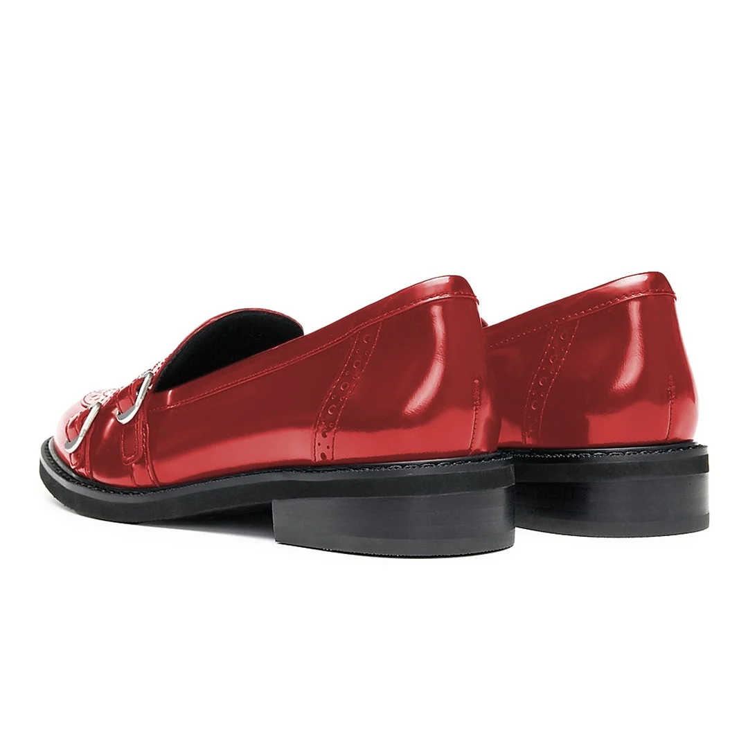 Red Patent Leather Round Toe Buckle Decor Chunky Heeled Loafers