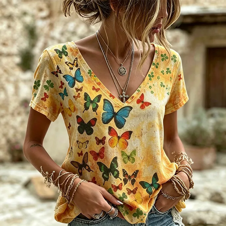 Women's Retro Bohemian Style Butterfly Print T-shirt