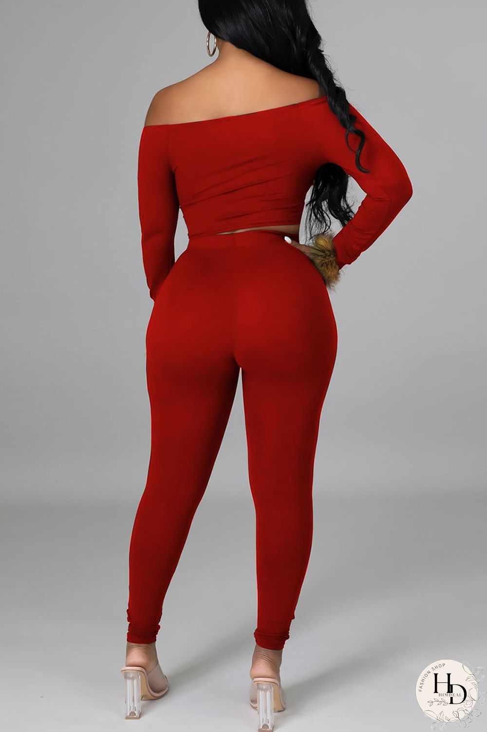 Red Sexy Solid Split Joint Feathers Off the Shoulder Long Sleeve Two Pieces