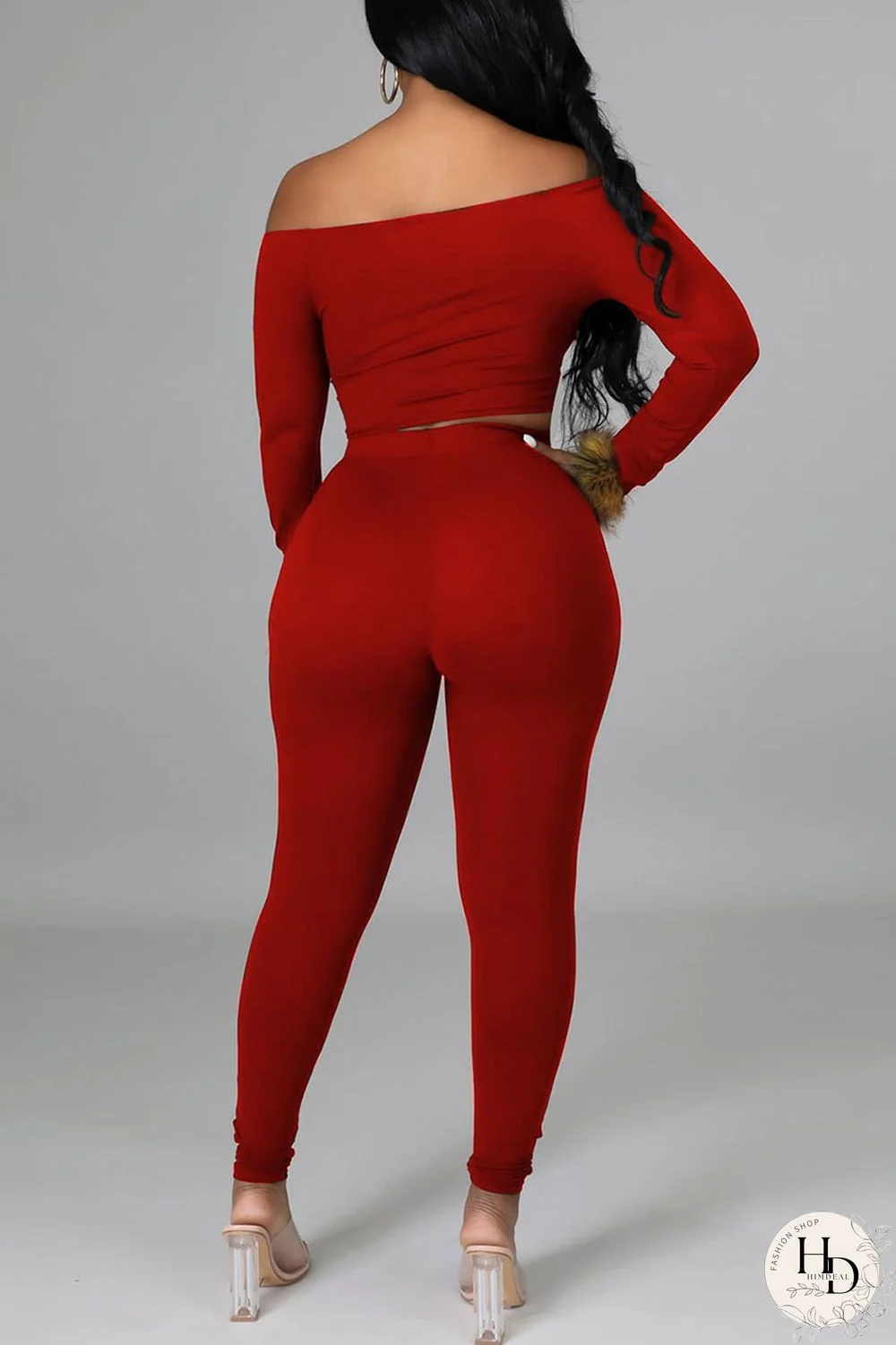Red Sexy Solid Split Joint Feathers Off the Shoulder Long Sleeve Two Pieces