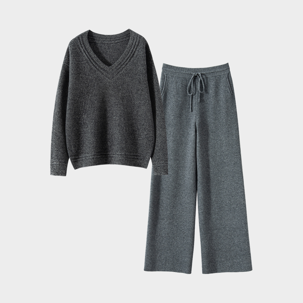Women's V-Neck Cropped Cashmere Sweater and Pants Set | Casual Outfit REAL SILK LIFE