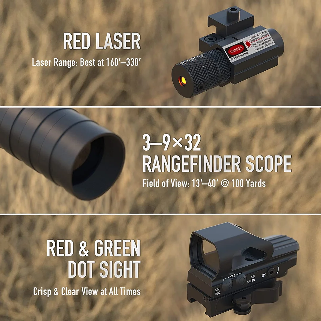 ohhunt® Rifle Scope Combo, 3-9x32 Rangefinder Scope, Red & Green Dot Sight, Laser
