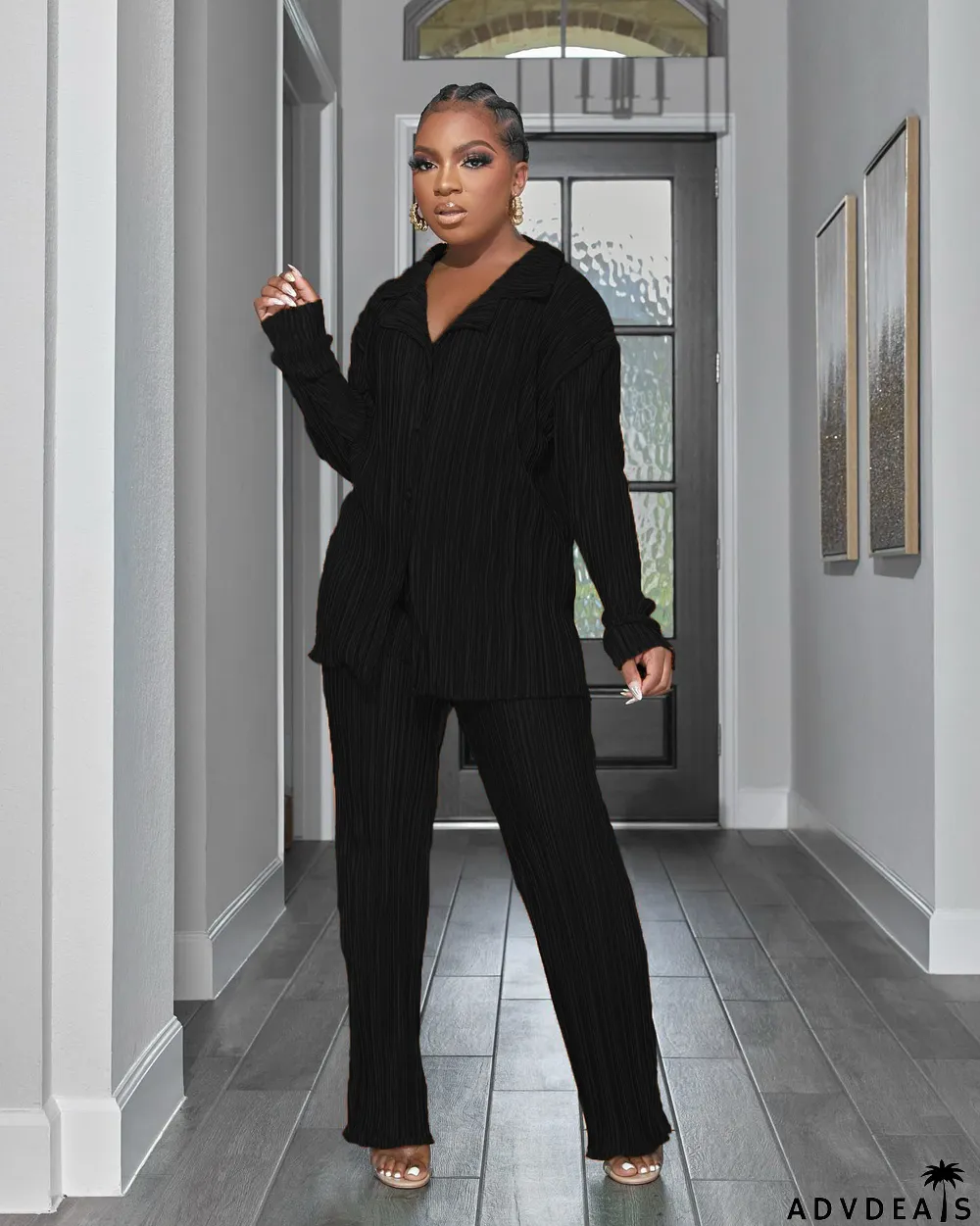 Women Casual Long Sleeve Shirt + Pants Home Two Piece Set