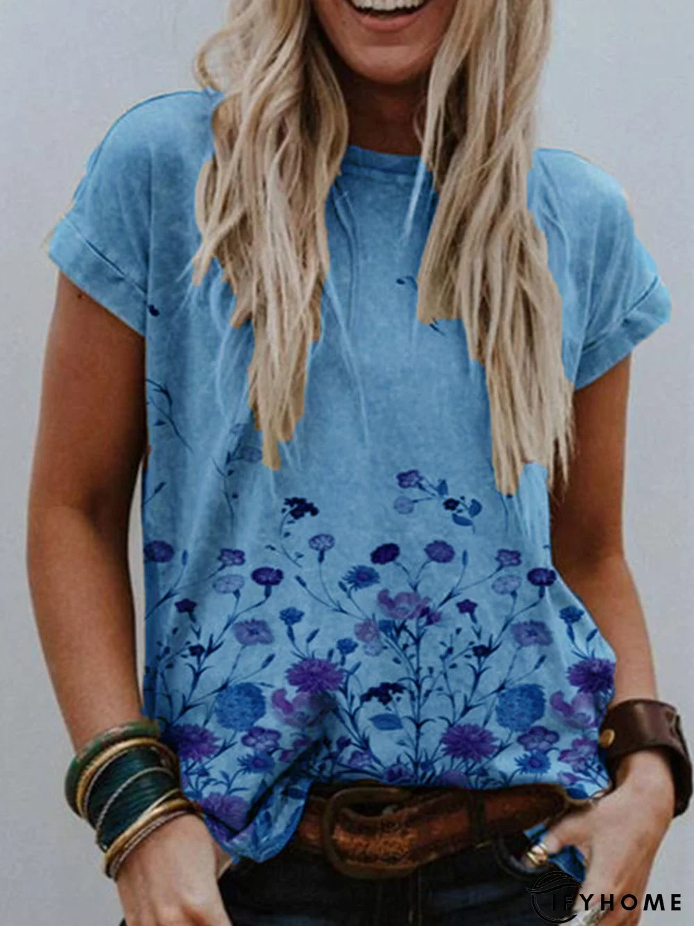 Women Simple Khaki Crew Neck Printed Plus Size T-shirt | IFYHOME