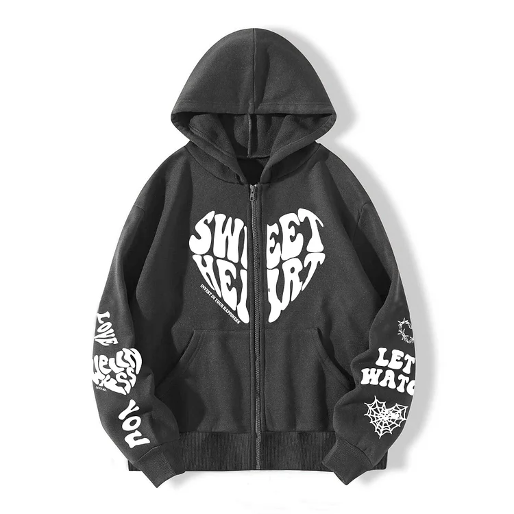 Y2k Letter Love Print Sweatshirt Loose Hooded Zipper Jacket at Hiphopee