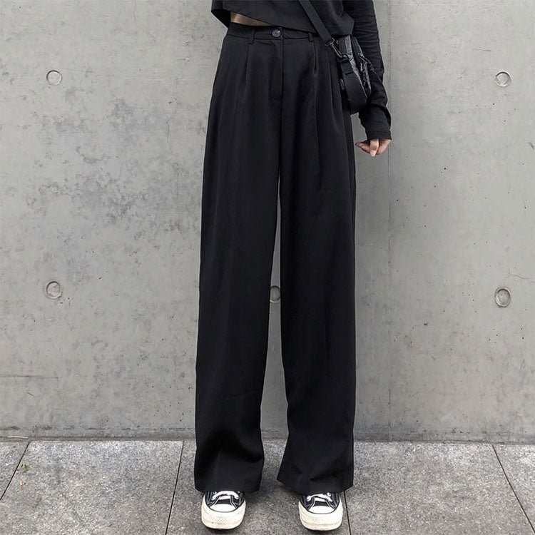 High Waist Pants Women Autumn Black Solid Full Length Womens Korean Fashion Casual Loose Simple Wide Leg Trousers Streetwear