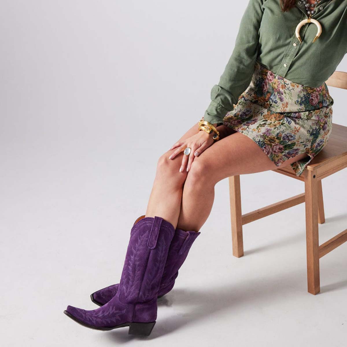 Purple Faux Suede Closed Toe Chunky Heel Mid-Calf Cowgirl Boots