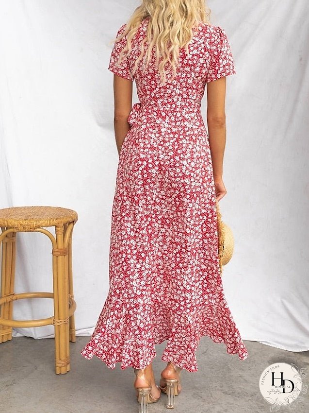 Casual Dress Wrap Dress Floral Dress Ditsy Floral Lace up Split V Neck Midi Dress Active Fashion Daily Holiday Short Sleeve Regular Fit Red Blue Summer Spring S M L XL for Women