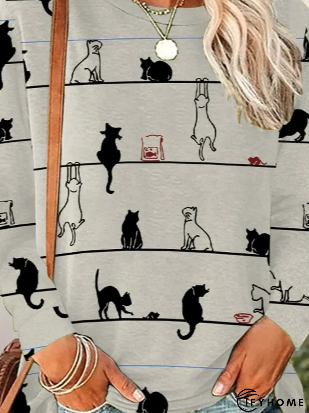 Casual Crew Neck Cat T-Shirt | IFYHOME