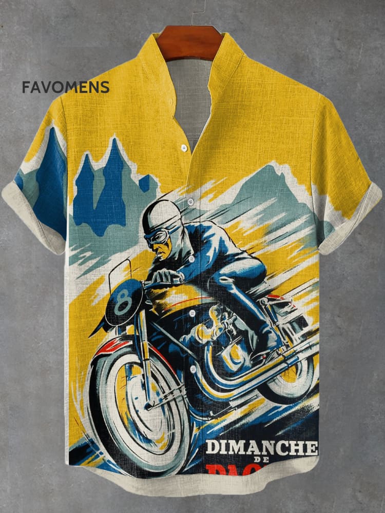 Men’s Vintage Motorcycle Illustration Print Short Sleeve Casual Shirt Yellow / S
