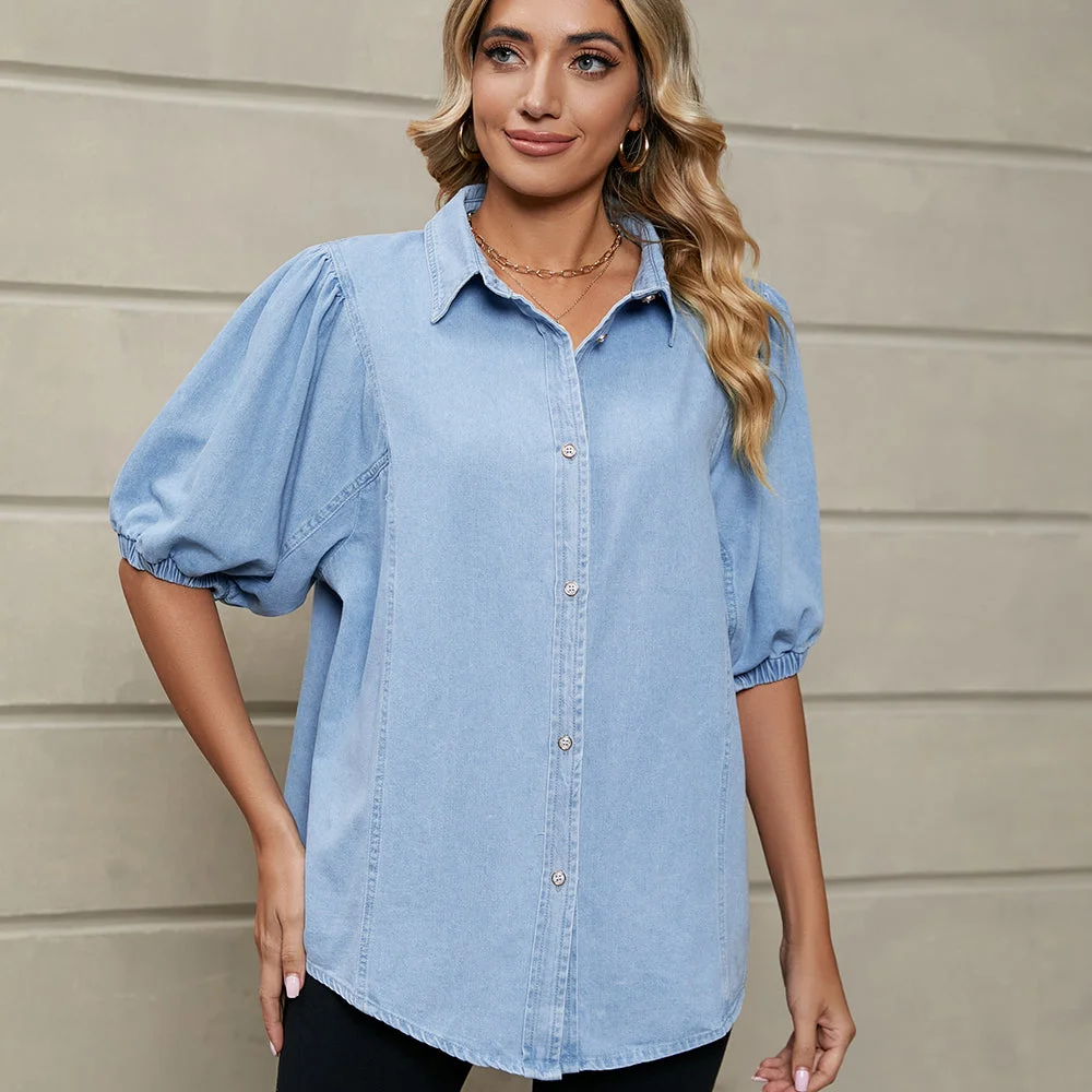 Smiledeer Ladies New Elastic Puff Sleeve Denim Casual Short Sleeve Shirt