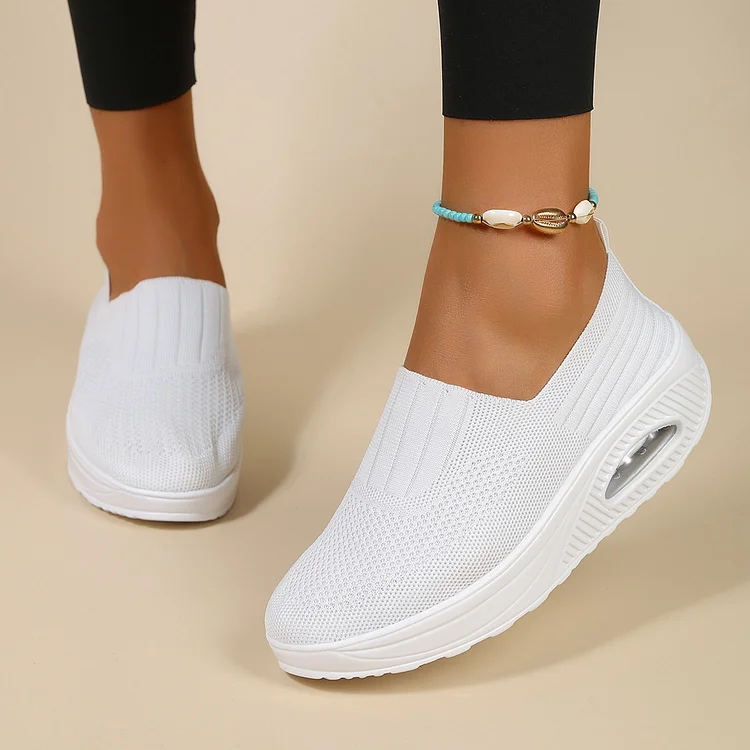 Round Toe Knitted Casual Breathable Slip On Wedge Sneakers