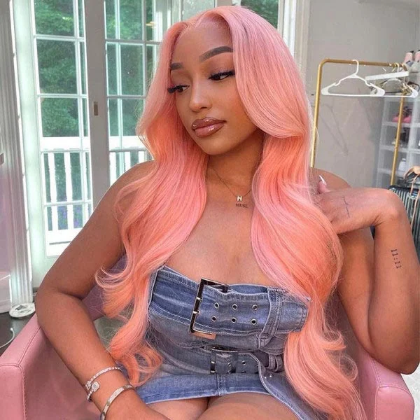 Pink 13X4 Transparent Lace Front Wig Body Wave Human Hair Wigs