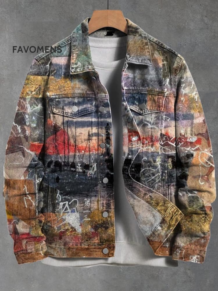 Men’s Vintage Text Art Ideas Print Casual Denim Jacket Multicolor / S