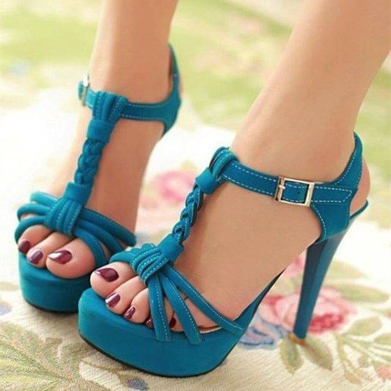 Blue T Strap Sandals Knit Platform High Heels |FSJ Shoes