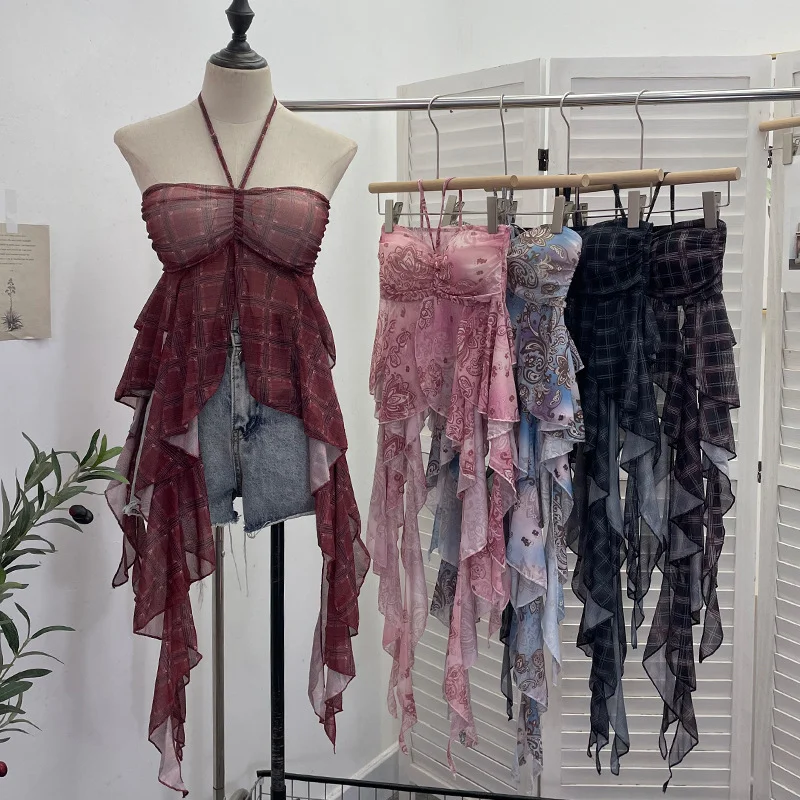 Uveng Summer Irregular Ribbon Hottie Hanging Neck Tector Screen Printing With Chest Pad Short Sling Vest 6668