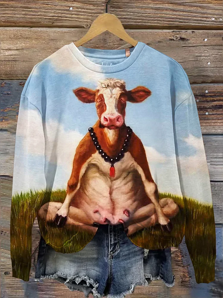 Funny Yoga Cow Art Print Casual Sweatshirt socialshop