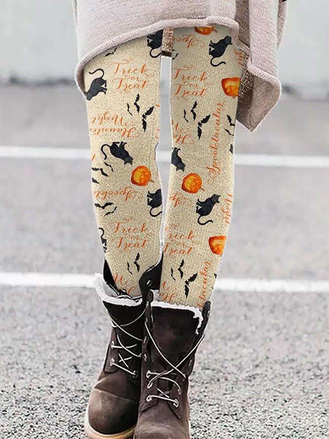 Women's Halloween Pumpkin Black Cat Print Leggings