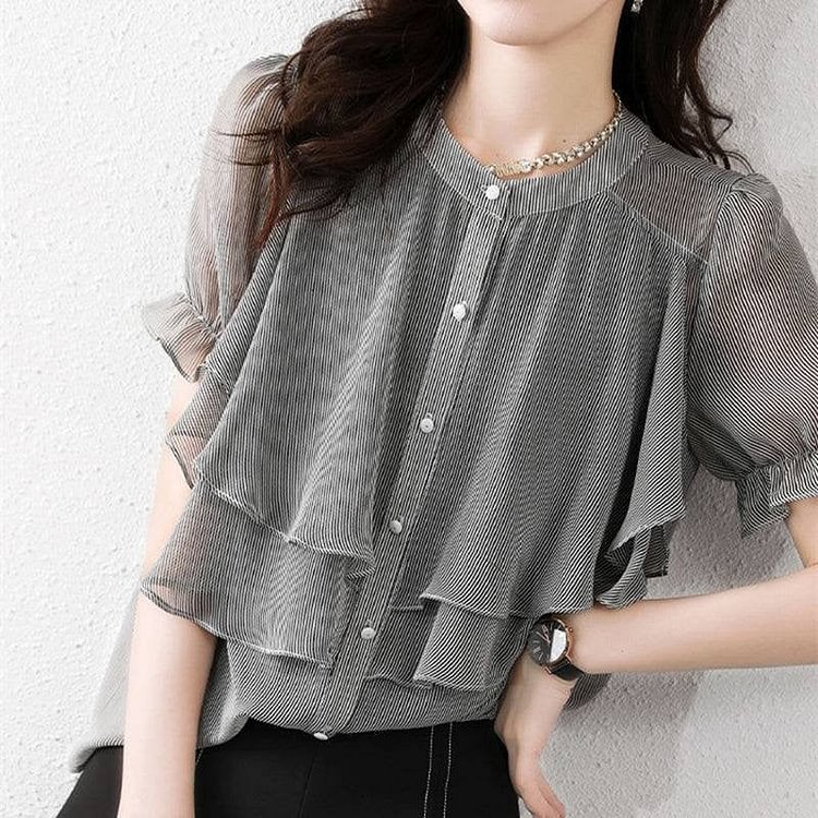 Striped Ruffled Buckle Loose Blouses QueenFunky