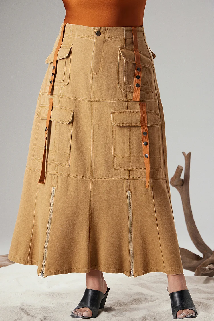 Xpluswear Design Plus Size Daily Skirt Khaki Denim High Waist Zipper Cargo Skirt With Pockets [Pre-Order]