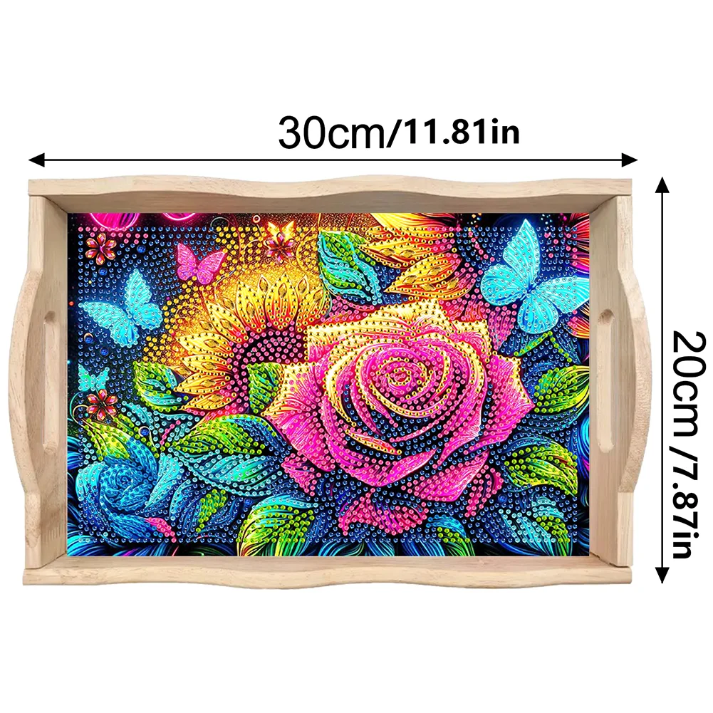 Butterfly Diamond Painting Wooden Serving Tray with Handles Home Decor (C)
