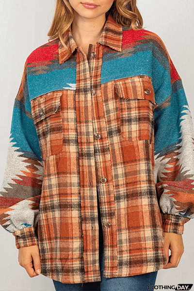 Plaid Aztec Patchwork Pockets Shacket