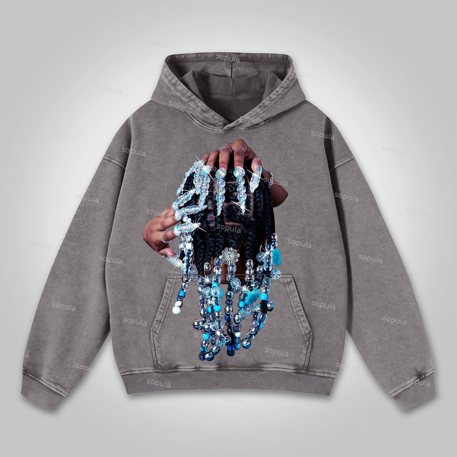Sopula Diamond Jewelry Finger Portrait Print Washed Hoodie - SOPULA