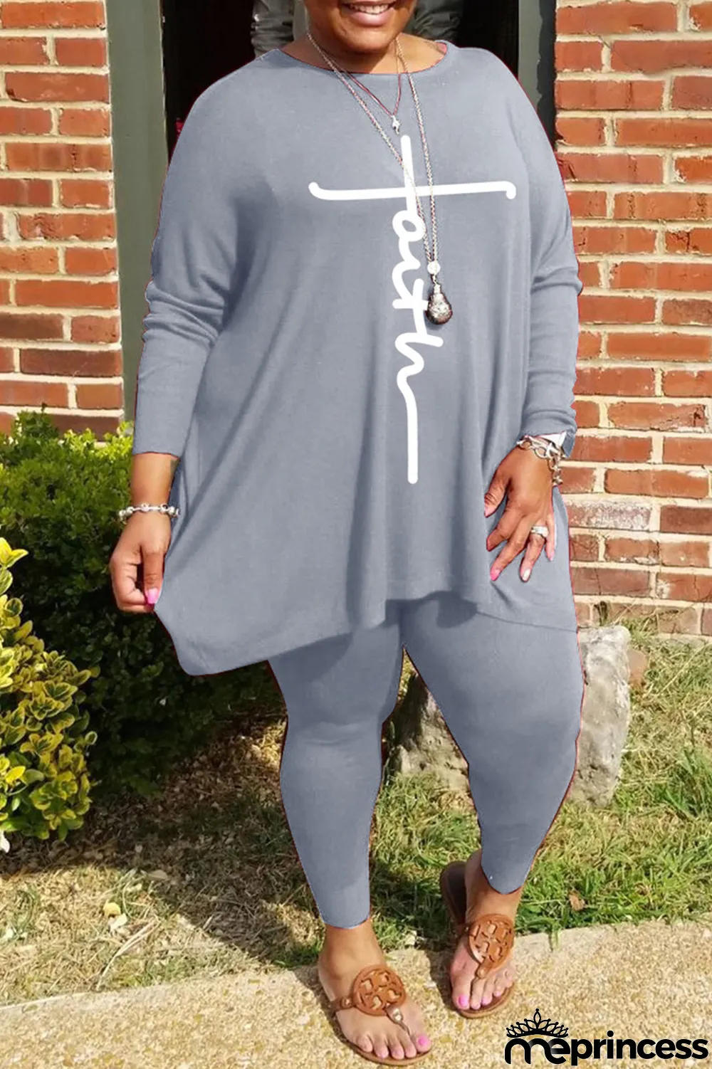 Grey Fashion Casual Print Basic O Neck Plus Size Two Pieces