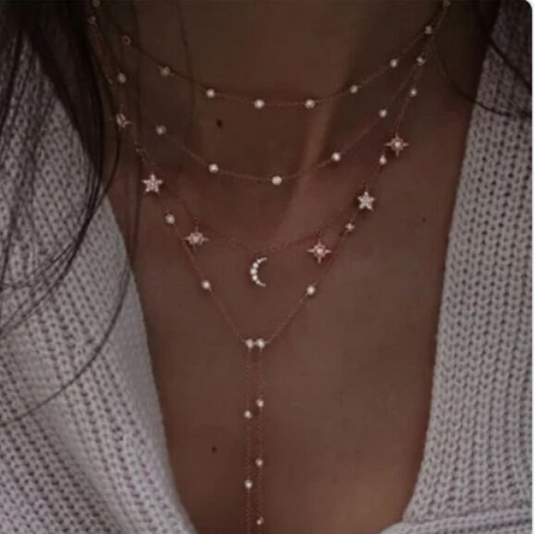 Full Diamond Moon Pentagram Multilayer Necklace