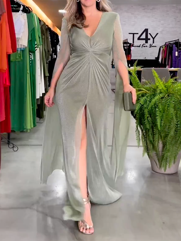 Drawstring Solid Color Split-Front Long Sleeves V-Neck Maxi Dresses