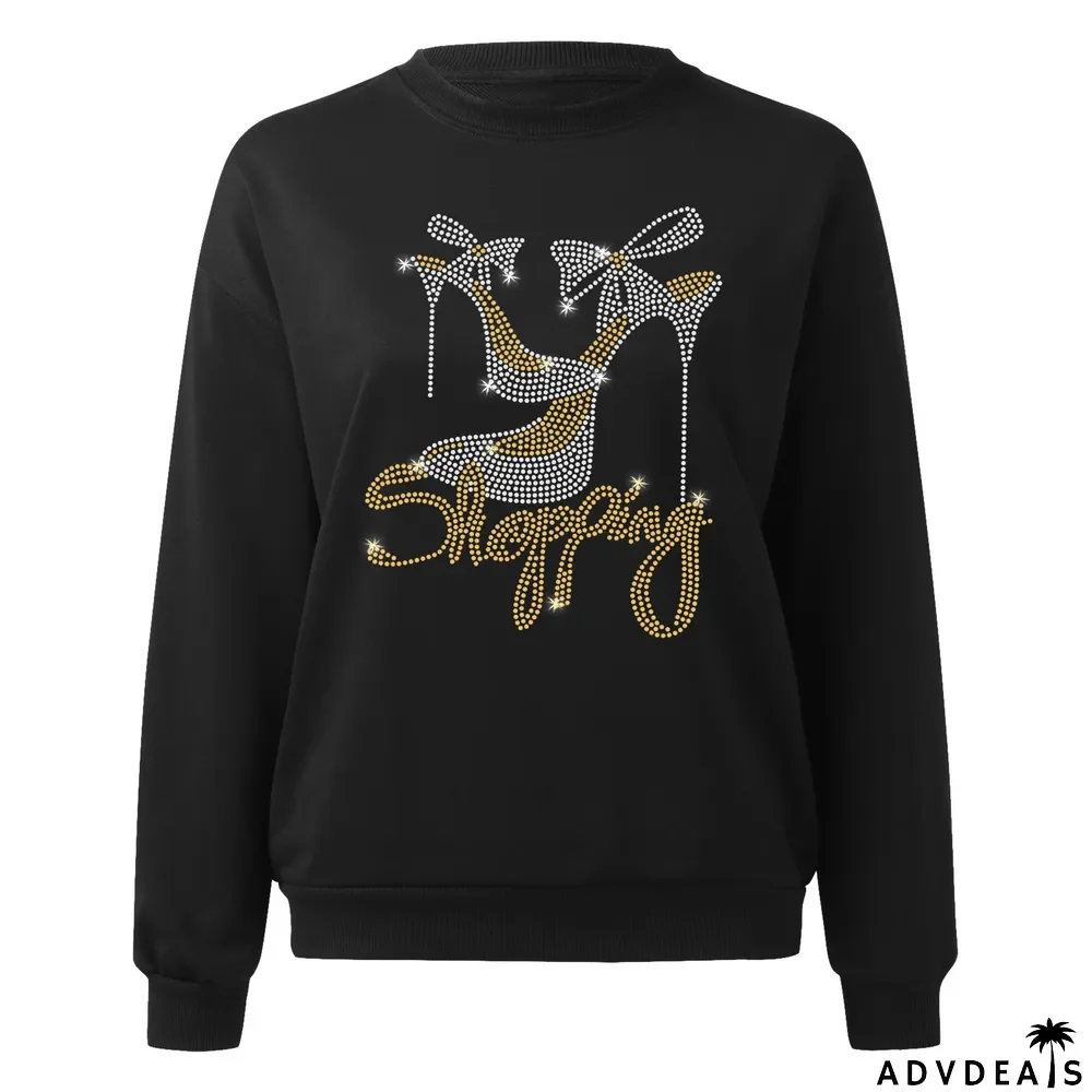 Diamond-studded Long-sleeved Casual Loose Round Neck Sweater