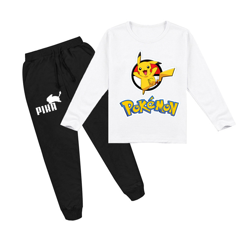Mayoulove Pikachu Kids Long Sleeve T-Shirt and Pants Set | Cute Pikachu Print | Comfortable & Stylish | Perfect for Boys and Girls Aged 3-8 | Kids Fashion-Mayoulove