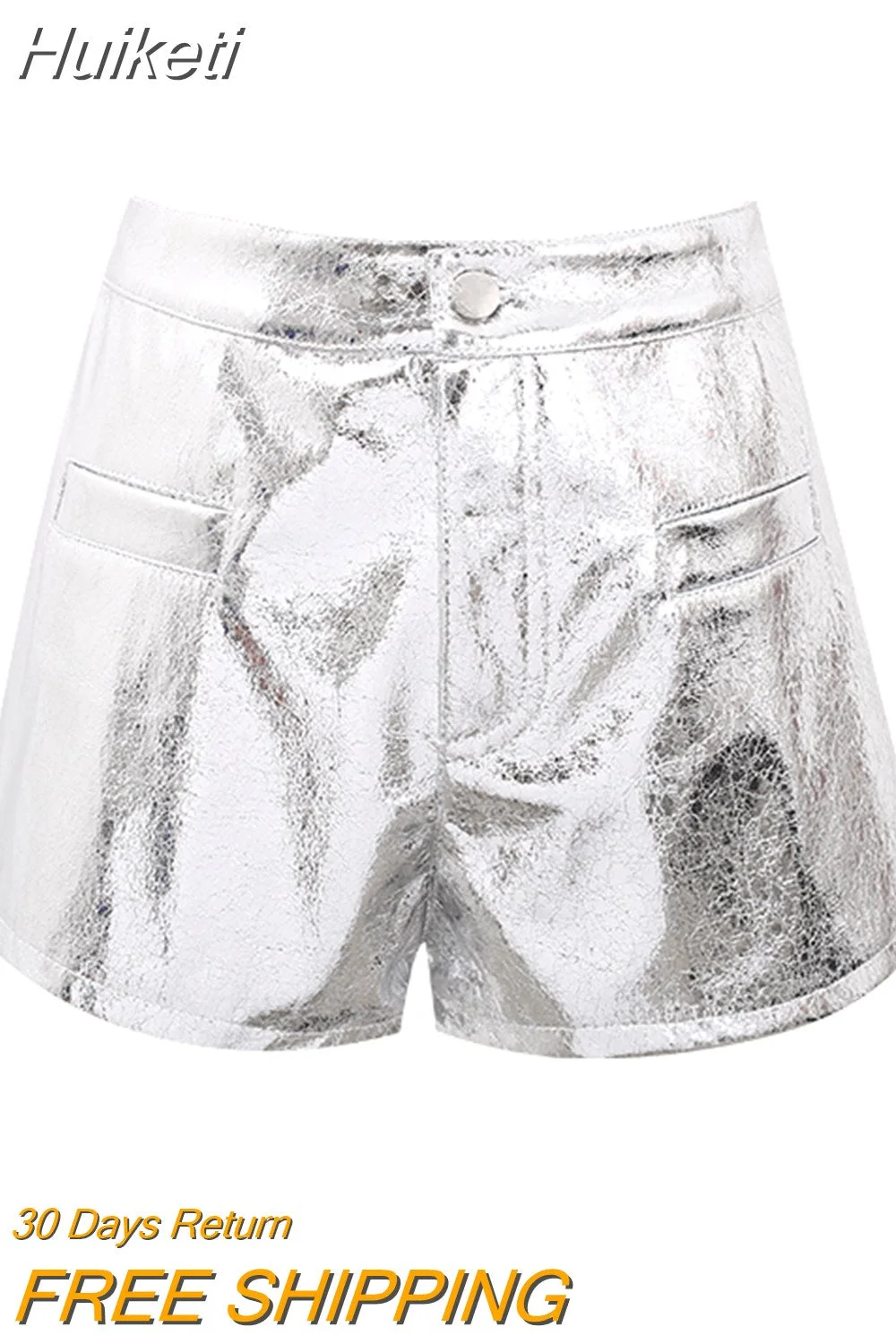 Huiketi Spring Summer Sexy Shiny Reflective Sliver Patent Pu Leather Shorts Women Pockets High Waist Luxury Short Pants 2023