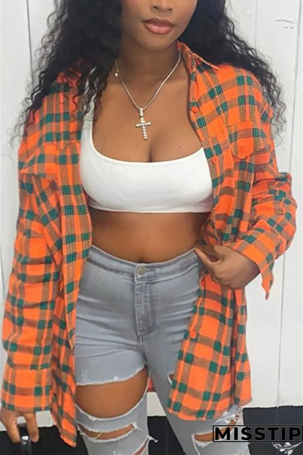 Red Casual Plaid Shirt Collar Tops