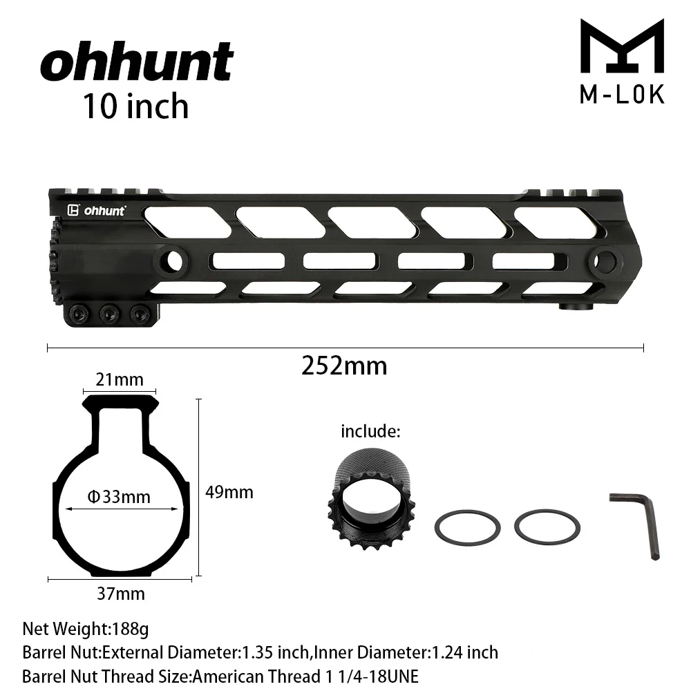 ohhunt Super Slim Lightweight Free Float M-LOK Handguard with Steel Barrel Nut
