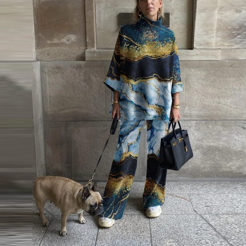 Half High Collar Suit Spring Print Casual Tracksuit Women Retro 2 Pieces Set Sports Sweatshirts Pullover Home Sweatpants Outfits