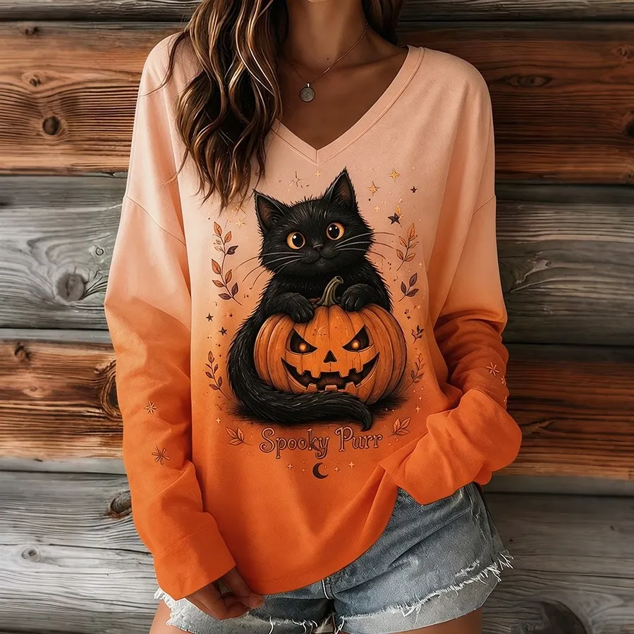 Comstylish Women's Retro Halloween Pumpkin With Ctue Black Cat Print Casual V-neck Long Sleeve T-shirt