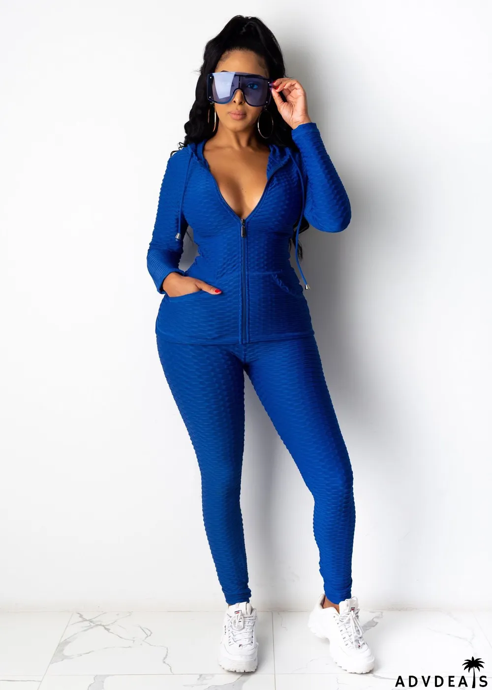 Solid Hooded Long Sleeve Zipper 2 Piece Pants Set