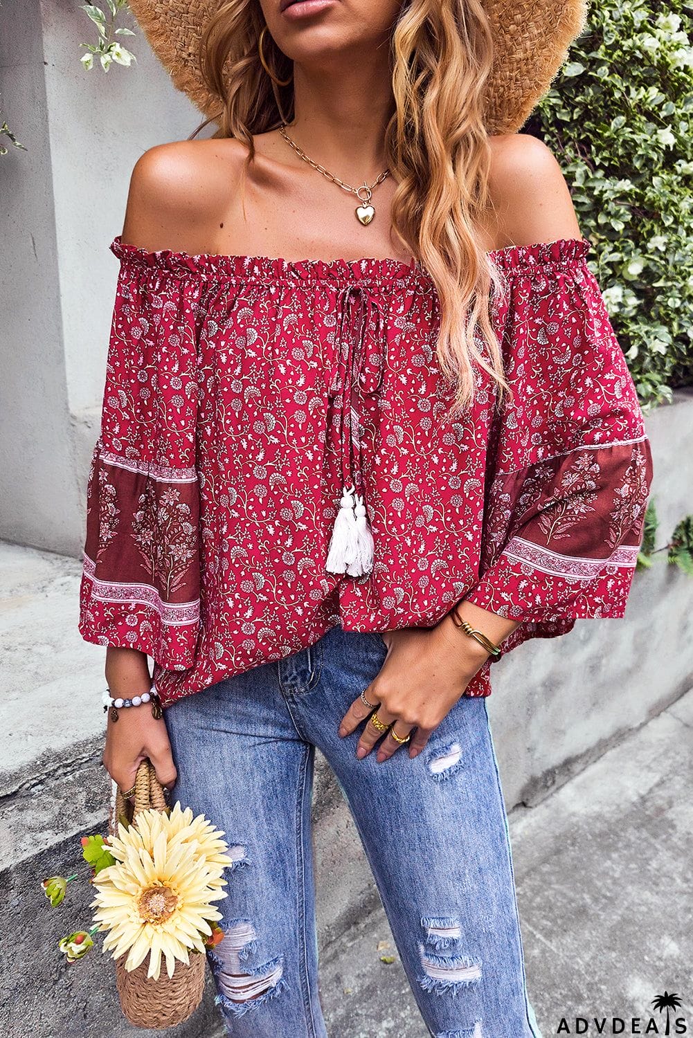 Boho Off-shoulder Floral Print Blouse