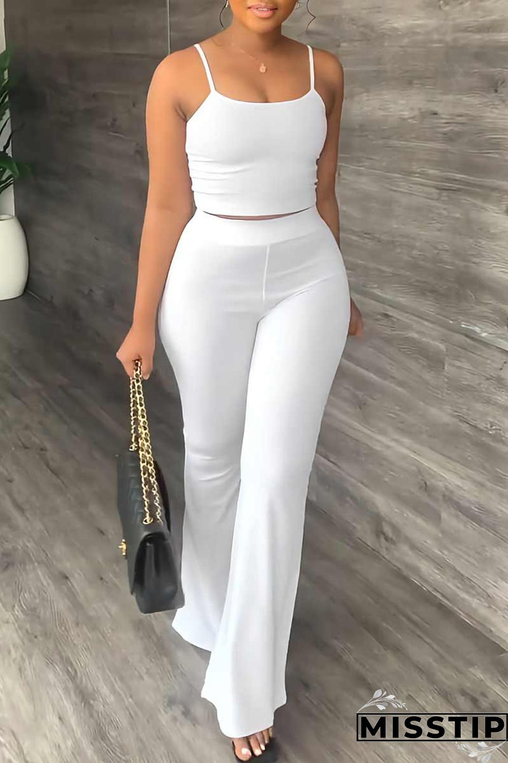 White Casual Solid Patchwork Spaghetti Strap Sleeveless Two Pieces