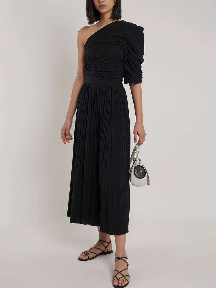  Off-the-shoulder One-Sleeve Top & Pleated Skirt Set