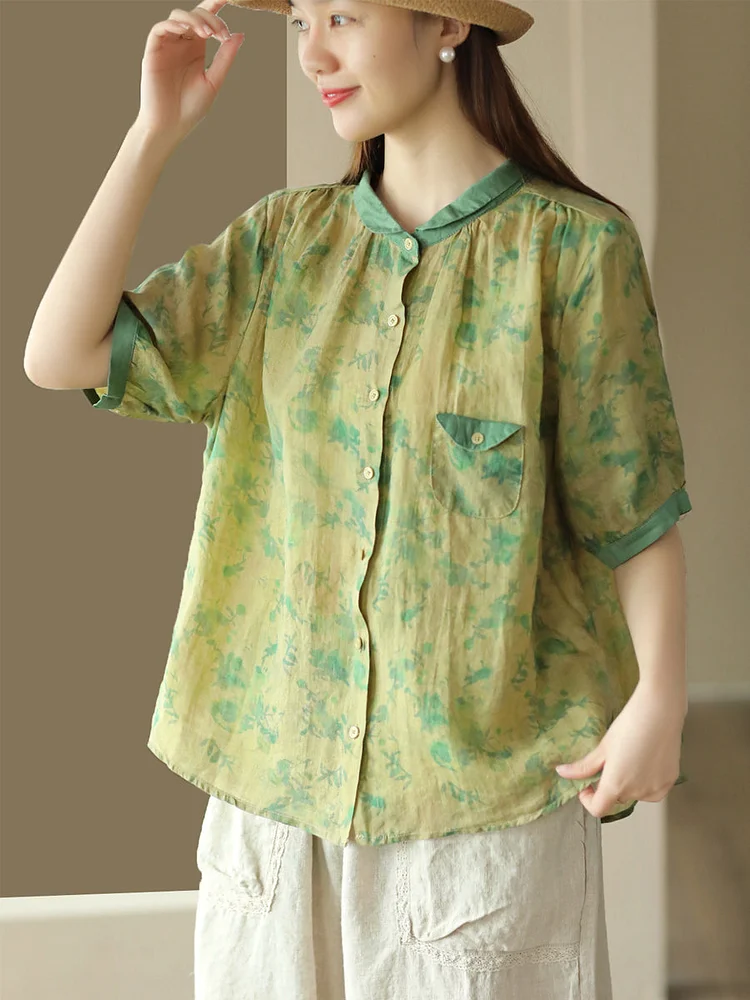 Women Artsy Summer Floral Spliced Cardigan Ramie Shirt