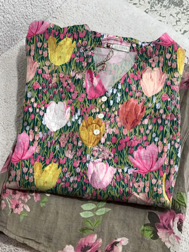 Women's Vintage Flower Art Print Casual Cotton And Linen Shirt
